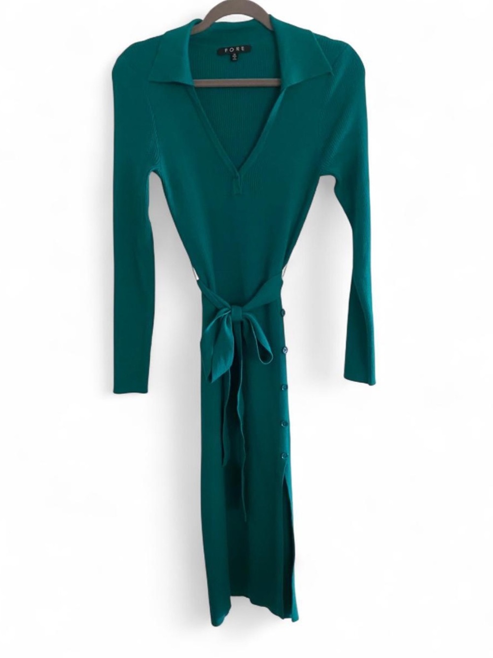 FORE EMERALD GREEN RIBBED KNIT LONG SLEEVE COLLARED BODYCON MIDI DRESS MEDIUM